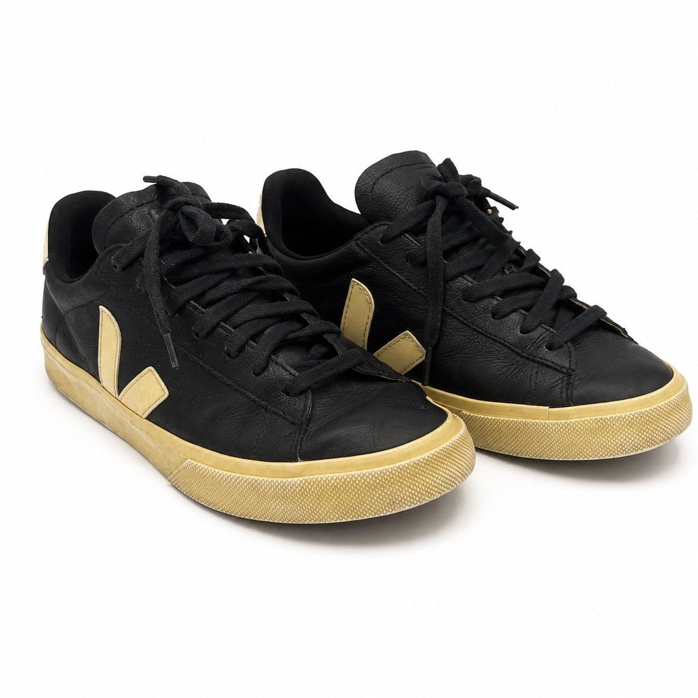 Veja Women 9 Black Leather Campo Sneakers Cream Logo Low Top